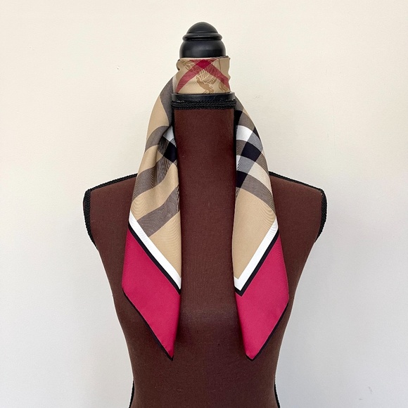 Burberry Scarf Beige Check Burgundy Red Border Silk Wrap - Picture 11 of 14